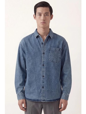 Sabri Özel Erkek Mavi Normal Kesim Regular Fit Pamuk Torba Cep Uzun Kollu Denim Ceket Gömlek