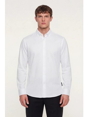 Giotelli Erkek Beyaz Dar Kesim Slim Fit %100 Pamuk Uzun Kollu Düğmeli Yaka Gömlek