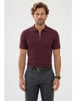 Tudors Erkek Slim Fit Dar Kesim %100Pamuk Örme Triko Fermuarlı Bordo Polo Yaka Tişört