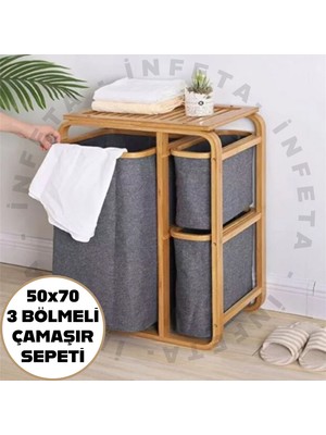 İnfeta 50X30X70 cm Bambu 3 Bölmeli Raflı Organizer Çamaşır Sepeti Raflı Düzenleyici Kirli Sepeti