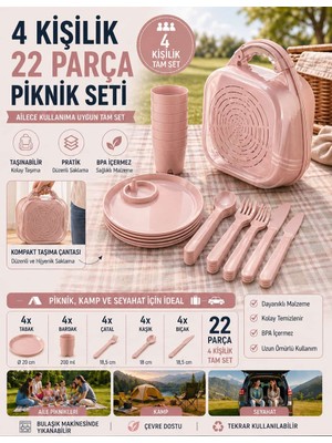 Hanımevi Piknik Seti Çantalı – 4 Kişilik Tabak Bardak Çatal Kaşık Seti | Süzgeç Kapaklı Taşınabilir Kamp Seti