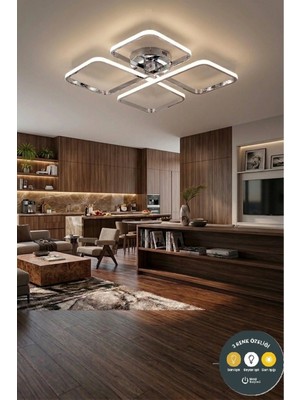 Lzy Avize Store March Dekoratif Krom Plafonyer LED Avize-4'lü Geometrik Kare 3 Renk Yanma Özellikli