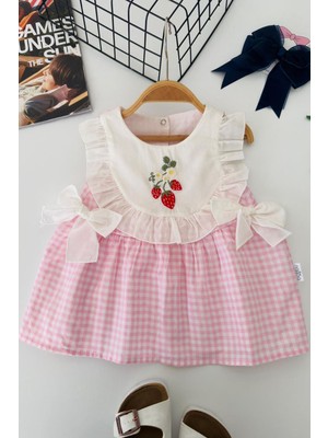 Miniğimin Cicileri Çilek Işleme Detaylı Pötikare Kız Bebek Elbise - Pembe