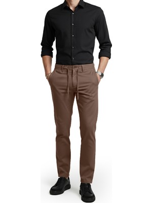 Rizzup Erkek Kahve Esnek Kumaş Slim Fit Beli Lastikli Günlük Spor Pantolon 2601070