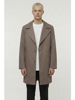 Sabri Özel Erkek Kahve Geniş Kesim Oversize Fit Pamuklu Dokuma Yan Cepli Orta Boy Ceket Yaka Trençkot