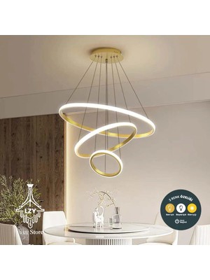 Lzy Avize Store Modern Gold 3 Halkalı LED Sarkıt Avize - Kumandalı & Şekli Ayarlanabilir