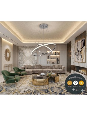 Lzy Avize Store Luxury Krom 2'li Halka LED Sarkıt Avize - 3 Renk Işıklı Modern Salon Mutfak Avizesi