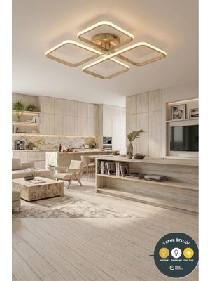 Lzy Avize Store March Dekoratif Gold Plafonyer LED Avize-4'lü Geometrik Kare 3 Renk Yanma Özellikli