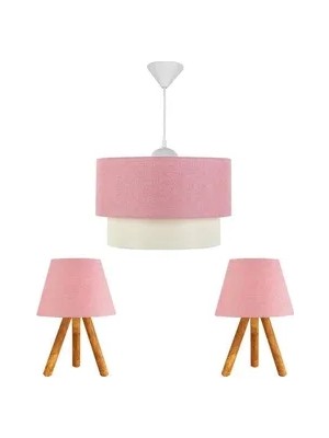 Vivense Evlight 3'lü Set Avize ve Komodin Üstü Ahşap Abajur Pembe