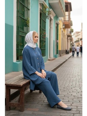 Sile Atelier Sıle Atelıer Mavi Müslin Tunik Pantolon Takım Kadın