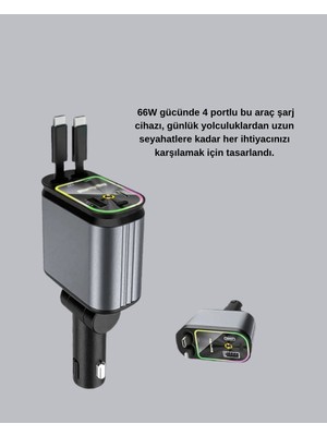 Araç Şarj Cihazı 4 Portlu 66W Hızlı Şarjlı LED Işıklı ve 180° Dönebilir
