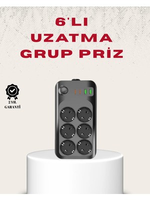 6’lı Grup Priz Termal Korumalı USB Type-C Çoklu Priz 2 Metre Kablo