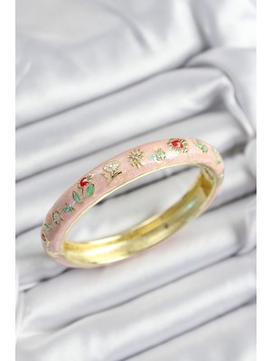 Mineli Pirinç Pembe Çiçek Motifli Gold Renk Kadın Kelepçe