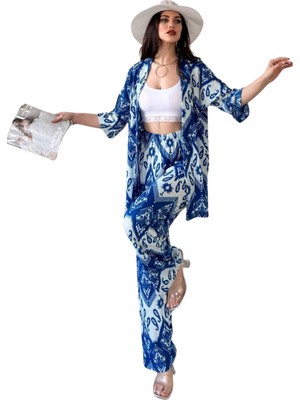 Alt Üst Takım Kimono- Desenli-Mavi