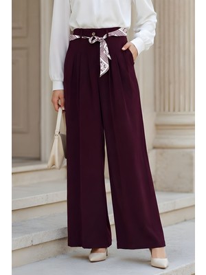 İmaj Butik Mürdüm Fular Kemerli Pileli Bol Paça Pantolon