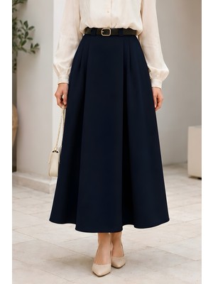 İmaj Butik Lacivert Kemerli Pileli Etek