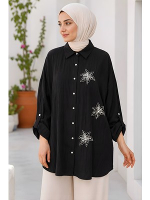 İmaj Butik Siyah Pul Nakışlı Kol Katlamalı Gömlek