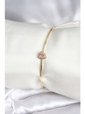 Pembe Zirkon Taşlı Kalp Model Gold Renk Kadın Bileklik