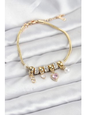 Pirinç Gold Renk Pembe Kalp Charmlı Kadın Bileklik