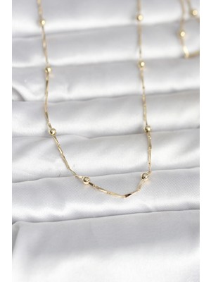 cm 14K Gold Renk Kesme Çubuk Zincir Topçuklu Model 60 cm Kadın Kolye