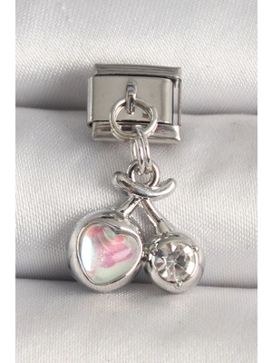 316L Çelik Gümüş Renk Pembe Mineli Kalp Zirkon Taş Detay Charm