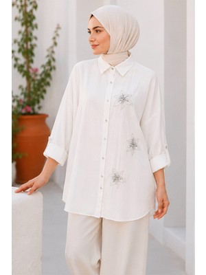 İmaj Butik Ekru Pul Nakışlı Kol Katlamalı Gömlek