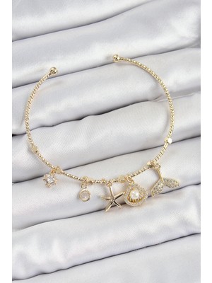 Pirinç Zirkon Taşlı Istiridye ve Deniz Yıldızı Model Gold Renk Charm Bileklik