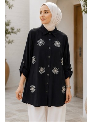 İmaj Butik Siyah Pul Nakışlı Kol Katlamalı Gömlek