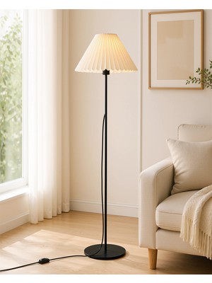 Siyah Metal Ayaklı Lambader Pileli Kırma Krem Başlıklı Salon Yatak Odası Köşe Aydınlatma 150 cm LAM01