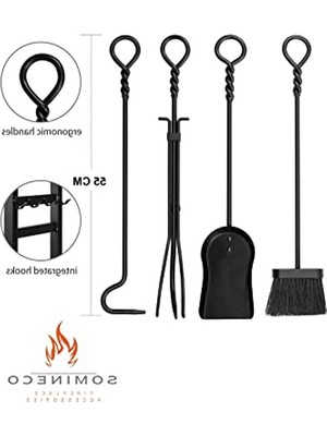 Cekar Store 5 Li Ithal Metal Odunluklu Tel Detaylı Şömine-Soba Maşa Takımı Aksesuar Seti SS-0012