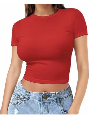 Nigrum Pardus Nıgrum Pardus Yeni Sezon Yuvarlak Yaka Düz Renk %100 Pamuk Slim Fit Kadın Crop T-Shirt