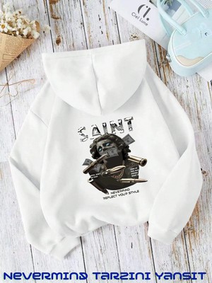 Unisex Saint Nevermind Slogan Baskılı Oversize Baskılı Kapşonlu Sweatshirt 3 Iplik