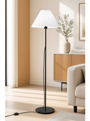 Metal Ayaklı Lambader Umbrella Pileli Beyaz Kumaş Başlık Retro Modern Bohem Lamba 150 cm LAM02