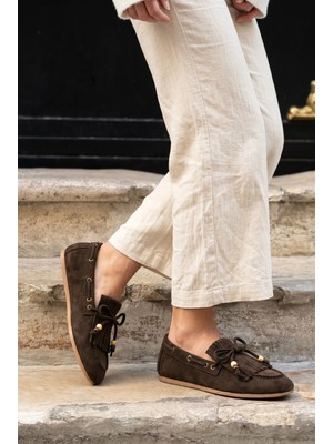 Giamgia Store Püsküllü Boncuk Detaylı Kahverengi Süet Makosen Loafer Ayakkabı