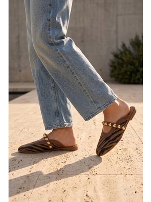Modezya Annie Taba Siyah Zebra Mat Troklu Kemer Detay Yuvarlak Burun Kadın Terlik