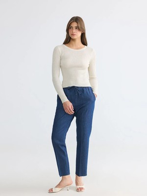 LC Waikiki Lcwaıkıkı Classic Indigo Carrot Fit Keten Karışımlı Kadın Jean Pantolon