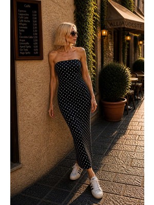 İbeeka Monaco Dot Sraplez Siluet Elbise Denim Kumaş Midi Boy