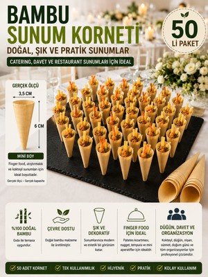 Toyfest 50'li Pkt Mini Bambu Sunum Korneti 6x3,5 cm Doğal Sunum Külahı Kokteyl Catering Finger Food Sunumluk
