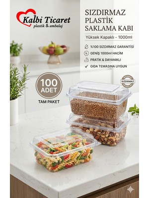 Kalbi Ticaret Plastik Saklama Kabı 1000 gr 100'LÜ Yüksek Kapaklı Plastik Kurabiye Kabı Şeffaf Sızdırmaz Kap
