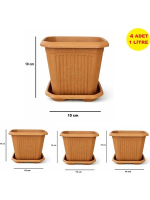 Demet Home Demet Home 4 Adet Plastik Kare Saksı Bahçe Balkon Salon Çiçek Dekorasyon Saksısı Mini Tabaklı 1 litre Saksı 15*15*11 cm