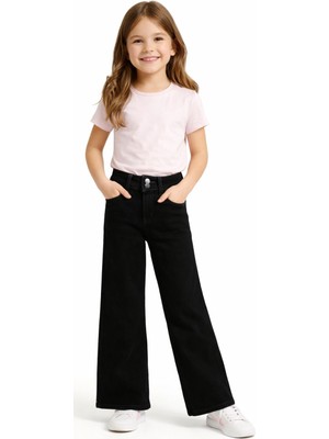 İrem Çocuk Giyim Kız Çocuk Geniş Paça Model Çift Düğme Detaylı Fermuar Kapamalı Eskitme Desenli Siyah Renk Kot Pantolon