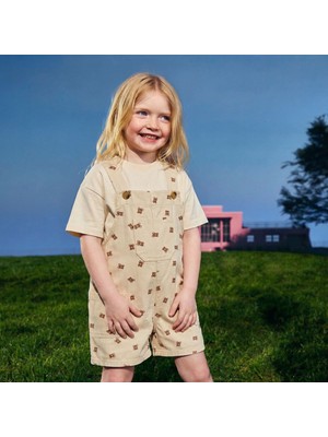 Minipeak Kids La'ciel Paris %100 Pamuklu Bej Ayıcık Desenli Salopet Set (Tişört Dahil)
