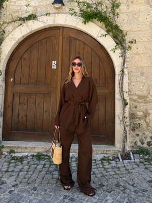 Laluvia Kahverengi Tek Düğmeli Kuşaklı Kimono Takım - 007