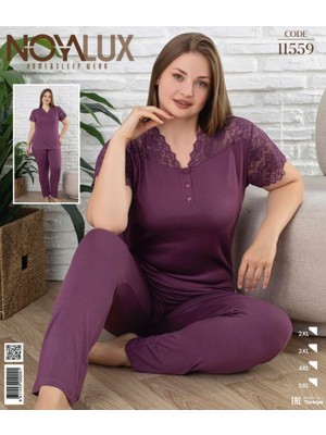 Noyalux Kadın Büyük Beden Mor Önden Düğmeli Dantel Detaylı Pijama Takımı