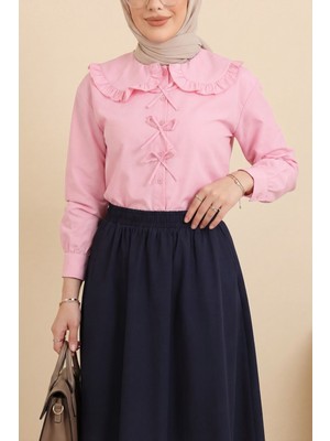 Moda Morfo Bebe Yaka Kurdele Detaylı Gömlek     -Pembe