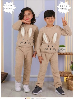 Aden Kids Kahverengi Tavşan Desenli Peluş Çocuk Alt-Üst Takım