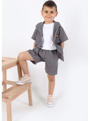 Aden Kids Erkek Çocuk Gömlek+Sweatshirt ve Cepli Şort Alt Üst Takım --Ütü Istemez--