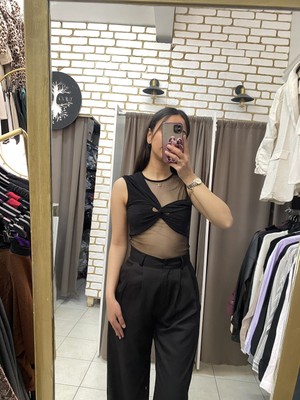 No 35 Moda Transparan Tül Bluz Siyah Xl