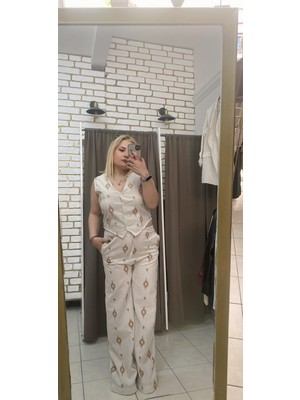 No 35 Moda Keten Etnik Desen Yelek Pantolon Takım Krem M