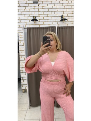 No 35 Moda Tuba Toptaş Bağlamalı Gofre Bluz Pembe L